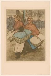 Deux lavandières avec des paniers dans la rue