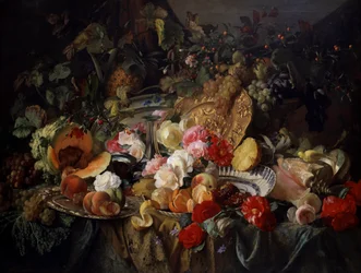 Nature morte de roses et fruits. Peinture de Theude Gronland (1817-1876)