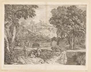 Paysage arcadien avec deux hommes et une femme portant des fruits