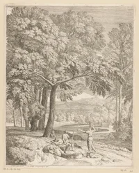 Paysage arcadien avec deux hommes et une femme portant un panier