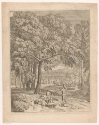 Paysage arcadien avec deux hommes et une femme portant un panier