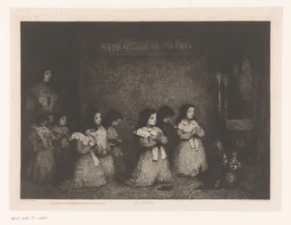 Groupe de filles en prière devant une statue de Marie (La Prière) (Eaux-Fortes Modernes: Originales et Inédites)
