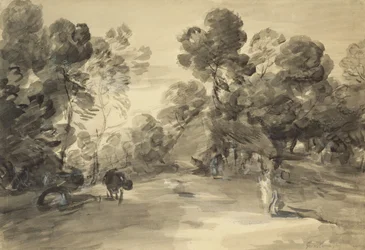 Paysage boisé avec figures, cottage et vache