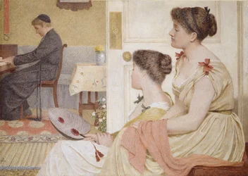 Scène de salon avec un jeune prêtre au piano, fin du 19e siècle