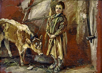 Garçon avec un Veau Attaché