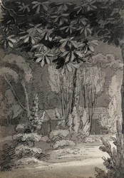 Vue à travers les arbres vers un bâtiment de plain-pied