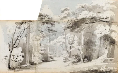 Une jeune femme, peut-être Charlotte Nelson, assise dans un bosquet dans un paysage boisé