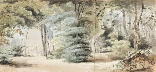 Partie des jardins de Merton avec une tonnelle et des arbres (recto)