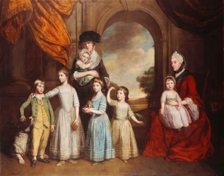 Portrait de groupe des enfants Craven, en longueur, devant une arche avec un paysage au-delà, 1776