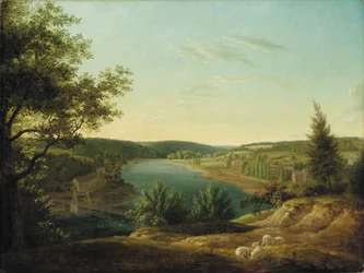 Vue du pont en chaîne et des chutes de la Schuylkill, à cinq miles de Philadelphie