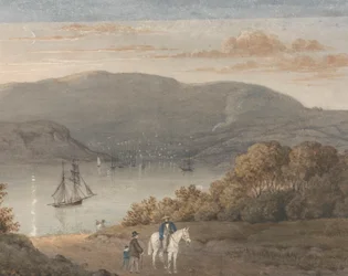 Port Louis depuis La Petite Montagne (crépuscule) avec un cavalier et des personnages au premier plan