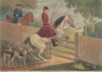 Chasse : Un cavalier mettant son cheval à une barrière