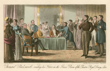 Bernard Blackmantle, lisant sa farce dans la salle verte du Theatre Royal, Drury Lane, Londres