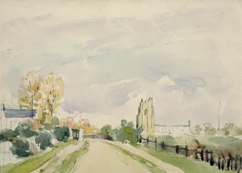Paysage du Suffolk, une large route avec une petite maison, une église et des arbres