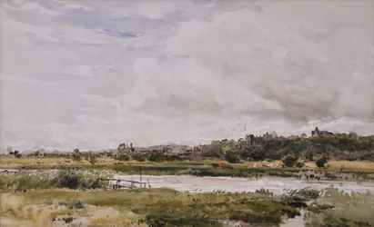 Paysage, rivière au premier plan