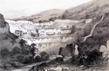 Vue des grottes, Ajunta, Inde, 1844