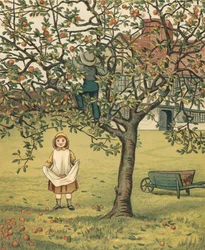 Vie domestique : Enfants cueillant des pommes dans le verger