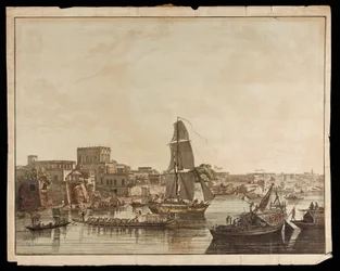 Calcutta depuis la rivière Hoogly : Bâtiments Gentoo des Vues de Calcutta, 1788