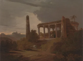 Paysage indien avec ruines de temple