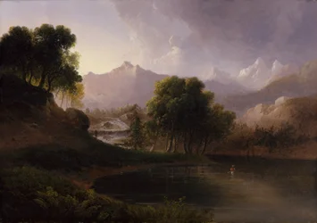 Paysage avec ruisseau et montagnes
