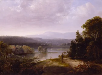 Vue sur la rivière avec des chasseurs et des chiens