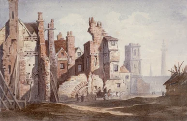 Démolition de vieilles maisons près de Walbrook pour faire place à King William Street, Londres, 1834