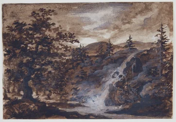 Paysage avec rochers, arbres et une rivière