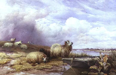 Un paysage avec des moutons et un bateau