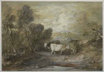 Un berger avec trois vaches près d