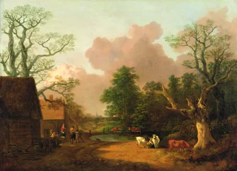 Un paysage avec des personnages, des bâtiments de ferme et une laitière, vers 1754-6