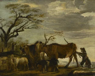 Un paysan conduisant du bétail, des moutons et des chèvres dans un paysage