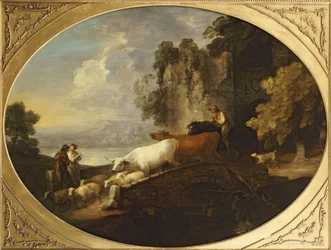 Paysage fluvial avec des amoureux rustiques, un berger à cheval conduisant du bétail et des moutons sur un pont avec un château en ruine au-delà