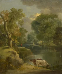Paysage fluvial avec deux vaches et une figure sur un pont, 18ème siècle