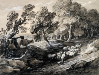 Un berger conduisant un troupeau de moutons à travers un bois
