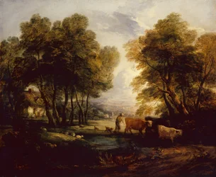 Paysage boisé avec berger, vaches et moutons près d
