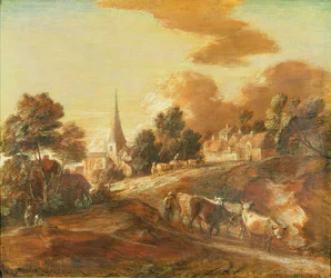 Un village boisé imaginaire avec des conducteurs de bétail, c.1771-72