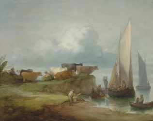 Bétail sur une rive avec des bateaux à voile, 1780-84