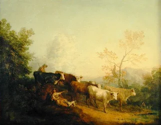 Bergers conduisant du bétail vers un poteau