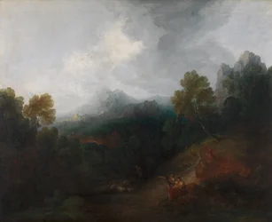 Vallée de montagne avec personnages et village lointain