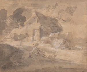 Paysage Ouvert avec Figures, Vaches et Cottage