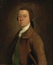 Portrait de Sir Francis Skipwith, mi-longueur, en manteau brun et gilet vert avec un chapeau sous le bras gauche
