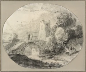 Paysage fluvial avec un pont et une église