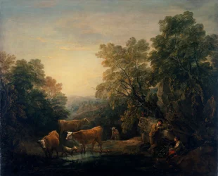 Paysage boisé rocheux avec amoureux rustiques, 1771-74