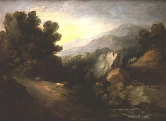 Paysage boisé rocheux avec des moutons près d