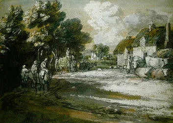 Voyageurs passant un village
