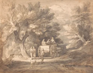 Paysage boisé avec charrette de campagne et personnages marchant dans une allée