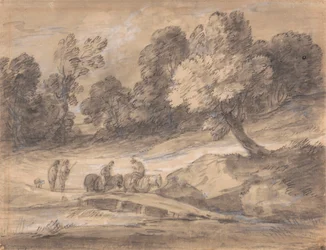 Paysage boisé avec figures à cheval traversant un pont