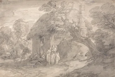 Paysage boisé avec figures devant une porte de cottage