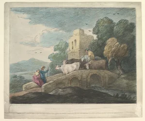 Paysage boisé avec des bergers conduisant du bétail sur un pont, des amoureux rustiques et un château en ruines