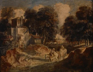 Paysage boisé avec paysans montés